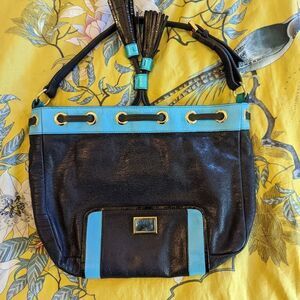𝅺meredith Wendel powder blue and black pebbled leather bag euc